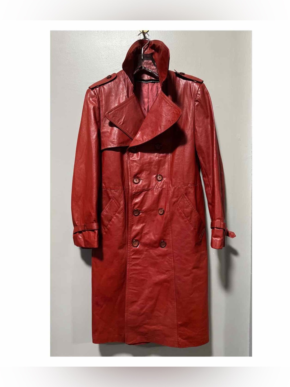 Vintage 1970s Burnt Orange Leather Trench Coat Mens Size 42 Double Breasted